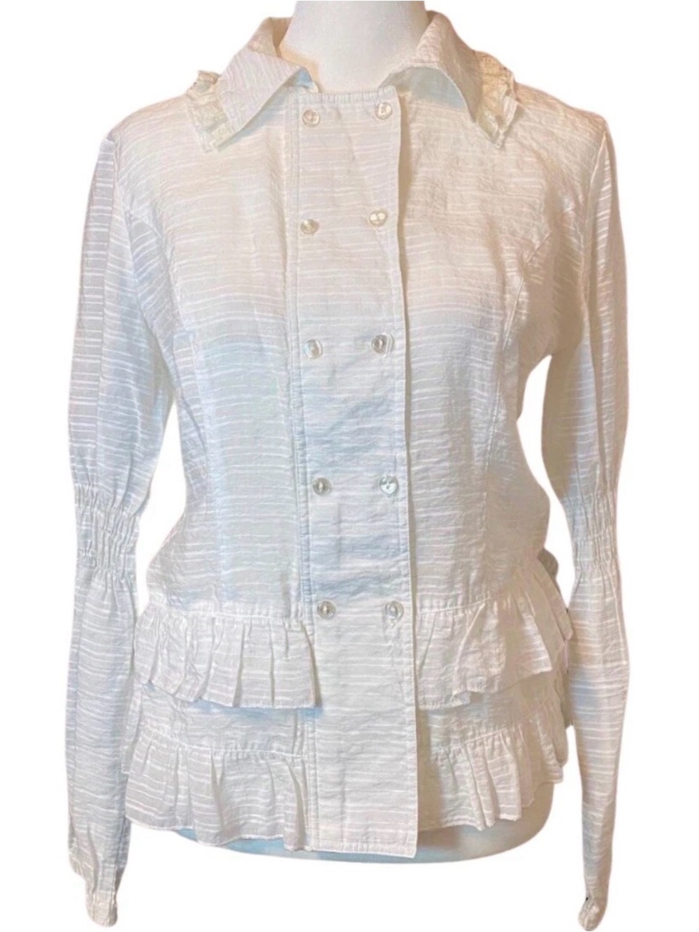 CLN Womens Long Sleeve Ruffle Hem Double Button Up Coquette Lolita Top Sz L F13